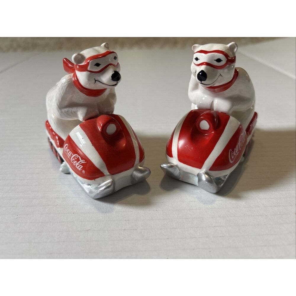 2 Vintage Ceramic Coca-Cola Polar Bear Figurine "Always Snowmobiling" 1995